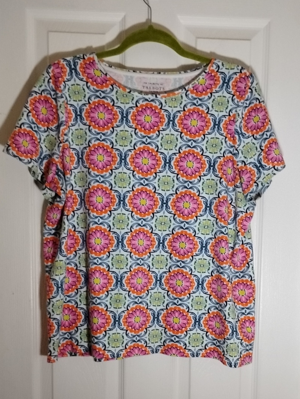 Talbots Bright Floral Medallion Tee in Pink, Coral Green Orange Blue Pink - Picture 1 of 7